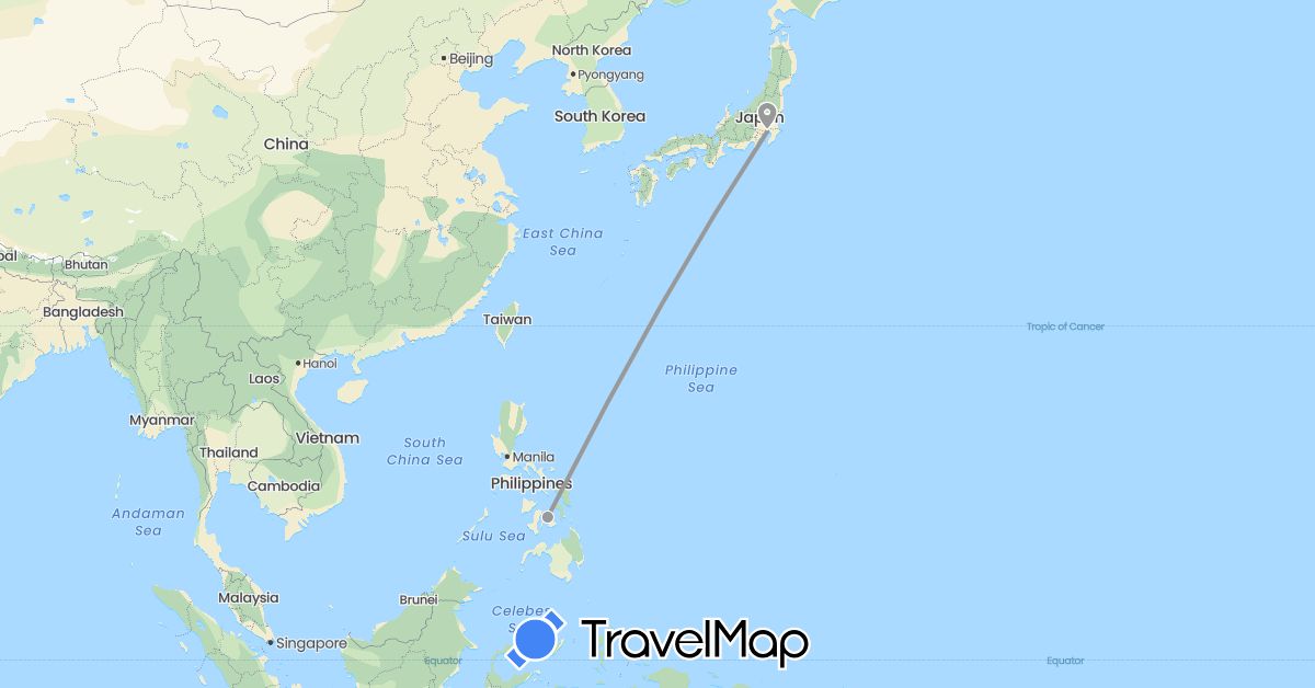 TravelMap itinerary: driving, plane in Japan, Philippines (Asia)